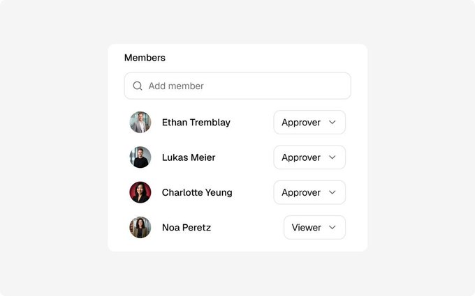 A digital interface lists members with role permissions: Ethan Tremblay (Approver), Lukas Meier (Approver), Charlotte Yeung (Approver), and Noa Peretz (Viewer).