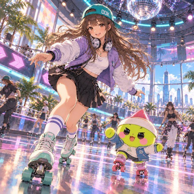 An anime-style illustration depicts a smiling girl with brown hair roller skating alongside a small green character, set in a vibrant, neon-lit disco with disco balls and palm trees.