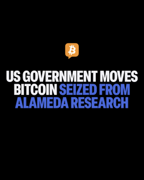 The image displays a graphic with an orange Bitcoin logo and bold text reading "US GOVERNMENT MOVES BITCOIN SEIZED FROM ALAMEDA RESEARCH." The graphic visually highlights the news that the U.S. Government transferred a small amount of Bitcoin previously seized from Alameda Research accounts on Binance US, tying the headline imagery directly to Arkham's on-chain data revealing the government's recent wallet activity.