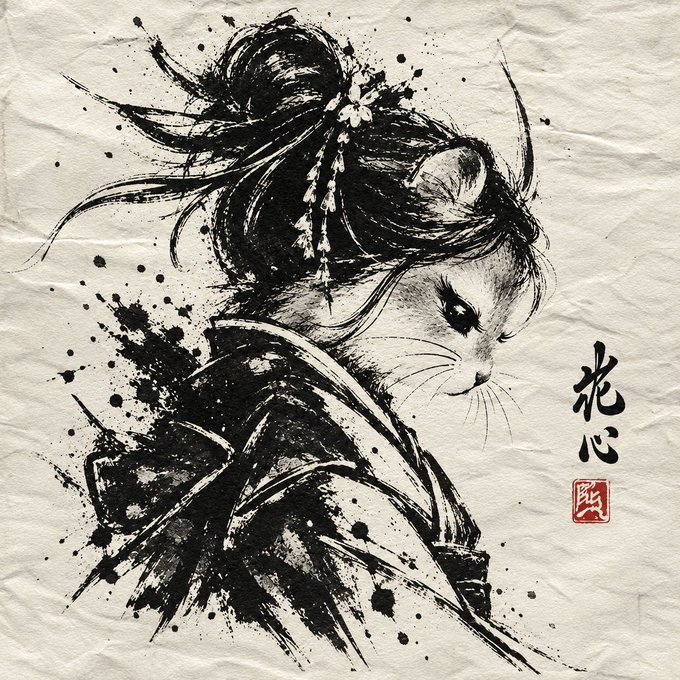 A black ink sumi-e style illustration on crumpled paper depicts a feline warrior with a topknot hairstyle, accompanied by Japanese/Chinese calligraphy and a red seal stamp.