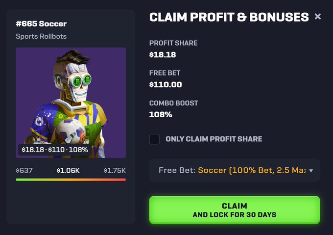 This screenshot shows an image of a soccer sportsbot with green bitcoin-like eye effects and numbers. The main content of the image is a claim form that allows users to claim their new free bet if they have been keeping their Sports Rollbot active for 30 days. On this form, there are three options: Claim Profit & Bonuses, Claim Share, and Free Bet Soccer (100% guarantee). 

The image also includes text that describes the form and what it offers, such as claiming a new free bet every 30 days with a $110! Guarantee for active Sports Rollbot holders.