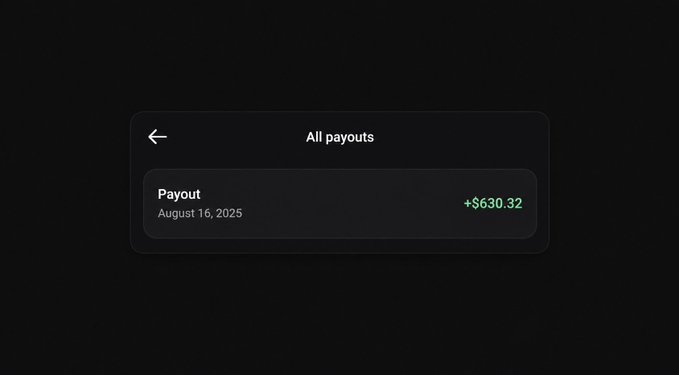 A dark-themed "All payouts" screen displays a single Payout entry dated August 16, 2025, for +$630.32 in green text, visually confirming the earnings mentioned in the post about receiving a $630 payout for a callout on Pumpfun.