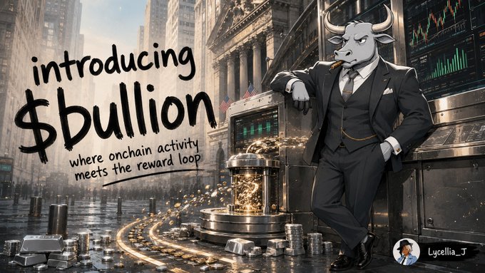 The image introduces "$bullion" with the tagline "where onchain activity meets the reward loop," featuring a sharp-dressed bull mascot in a suit leaning against a fountain of gold coins spilling from a vault in a Wall Street setting. The visual reinforces the post's message about $bullion's flywheel mechanism that converts protocol revenue into rewards, contrasting traditional crypto incentive models with this activity-driven reward loop concept.