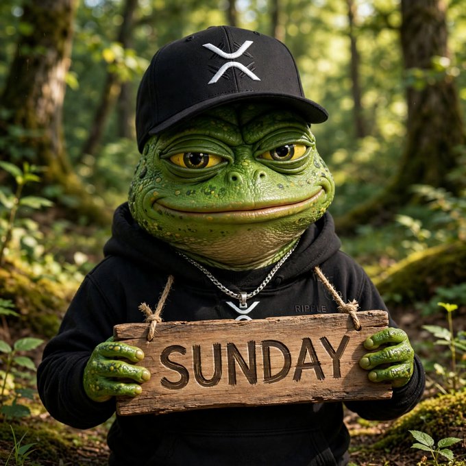 A 3D-rendered anthropomorphic green frog character wearing a black cap with an "X" logo, a black hoodie, and a silver chain, holding a wooden sign that reads "SUNDAY" in a forest setting.