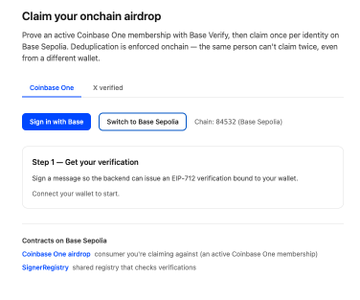 The image shows a "Claim your onchain airdrop" verification page where users can prove their Coinbase One membership with Base Verify to claim a per-identity airdrop, displaying a test chain claim of 84532 on Base Sepolia. It illustrates the Base Verify Onchain Demo referenced in the post, which is positioned as a potential sign of an upcoming $BASE airdrop.