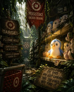 A dystopian scene showing plush toys on shelves with a banner reading "PERSISTENCE UNLOCKS TREASURE", alongside menu options for "TARGET", "PLUSHIE AISLE", "DIFFICULTY", and a sign stating "THE ONES WHO KEEP LOOKING ARE THE ONES WHO FIND IT."