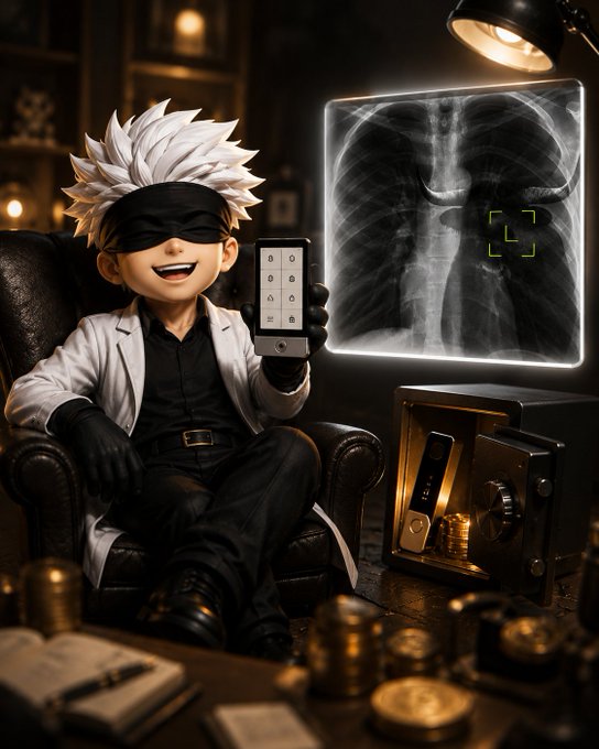A blindfolded anime figure in a white coat smugly holds up a smartphone displaying what appears to be a PIN entry keypad, while a glowing chest X-ray beside him highlights the lung area in green brackets, surrounded by gold coins, a hardware wallet, and scattered cash. The imagery visualizes the post's message—suggesting that bullish conviction lives in one's chest (heart/lungs on the X-ray) and that true financial security requires hardware-level protection, not just market gains.