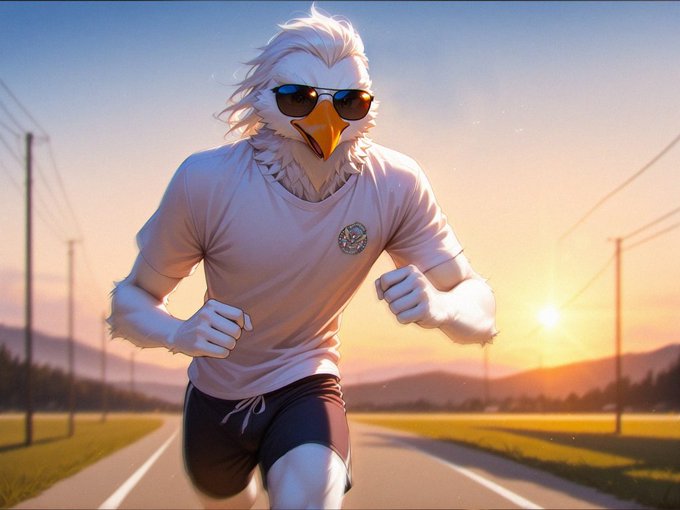 An AI-generated image of an anthropomorphic white bird character wearing sunglasses and a white t-shirt, running on a road at sunset.