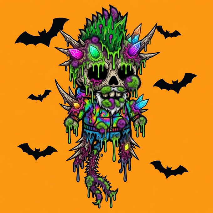 The image features an illustration of a monster with green hair, wearing a colorful outfit that includes a jacket and pants. The monster has a goatee and is dripping with green liquid or paint. Surrounding the monster are several bats flying around in various positions. The background color is orange, which contrasts with the monster's green appearance. The image also contains text related to Halloween and Re-Animated Dead NFTs, suggesting that this illustration might be part of a Halloween-themed event or promotion for an online store selling Re-Animated Dead NFTs.