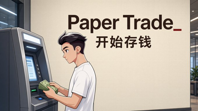 A cartoon illustration of a young man in a white t-shirt using an ATM, accompanied by the text 'Paper Trade_' and Chinese characters '开始存钱' (Start saving money).