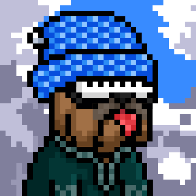 A pixel art illustration shows a character with brown skin wearing a blue and white checkered winter hat and a dark green jacket against a gray, pixelated background.