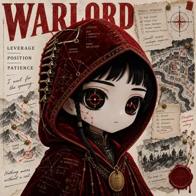 A dark fantasy portrait titled "WARLORD" features a pale character in a red hooded cloak with crosshair eyes and blood on their cheek, surrounded by maps and notes mentioning "LEVERAGE, POSITION, PATIENCE" and "I wait for the opening."