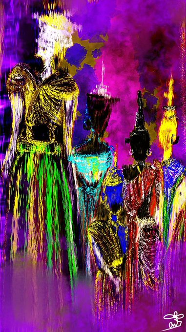 A vibrant, abstract digital painting featuring distorted figures and dripping paint effects in neon colors of purple, green, yellow, and blue.