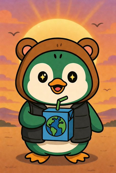 A cartoon illustration of a green penguin wearing a bear-eared hood and holding a juice box with an Earth design, set against a sunset background.