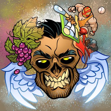 A vibrant cartoon Skull Lord with angel wings, grapes, a pitcher of beer, and riders including a masked figure is shown. The artwork celebrates the Hall of Fame “Skull Lords” @garyvee, @mattmedved, and @LeonidasNFT, whose names are referenced in the accompanying post.