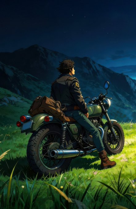 The image features a man sitting on a motorcycle, looking up at the night sky with mountains behind him. The scene takes place outdoors during nighttime, creating an atmosphere of tranquility and contemplation. The man's gaze towards the stars suggests that he is taking in the beauty of nature or perhaps contemplating his life choices.
