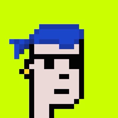 A pixel art illustration of a face in profile wearing a blue visor, set against a solid lime green background.