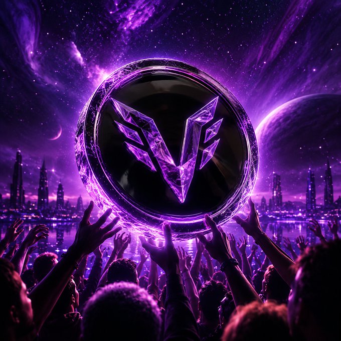 A crowd reaching up toward a glowing purple crystalline emblem against a cosmic purple sky with planets and a city skyline below.