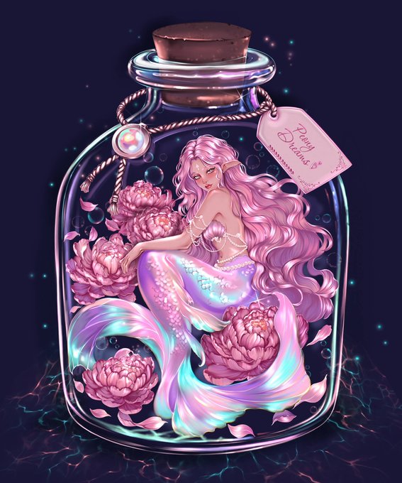 A pink-haired mermaid with a shimmering tail sits curled among pink peonies inside a glowing corked glass bottle, with a tag reading "Peony Dreams - 3230785655" attached to the neck. The image directly illustrates the post's caption about capturing a mermaid in a bottle for the limited edition "Peony Dreams" piece.