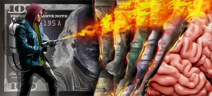 The image features a person holding a gun, with a fire burning above them. The background includes a dollar bill and an illustration of a brain. The caption reads "Ordinals are a mirror held up to fiat absurdity." This phrase suggests that the image is meant to be interpreted as a commentary on the concept of ordinal numbers in relation to currency or money.