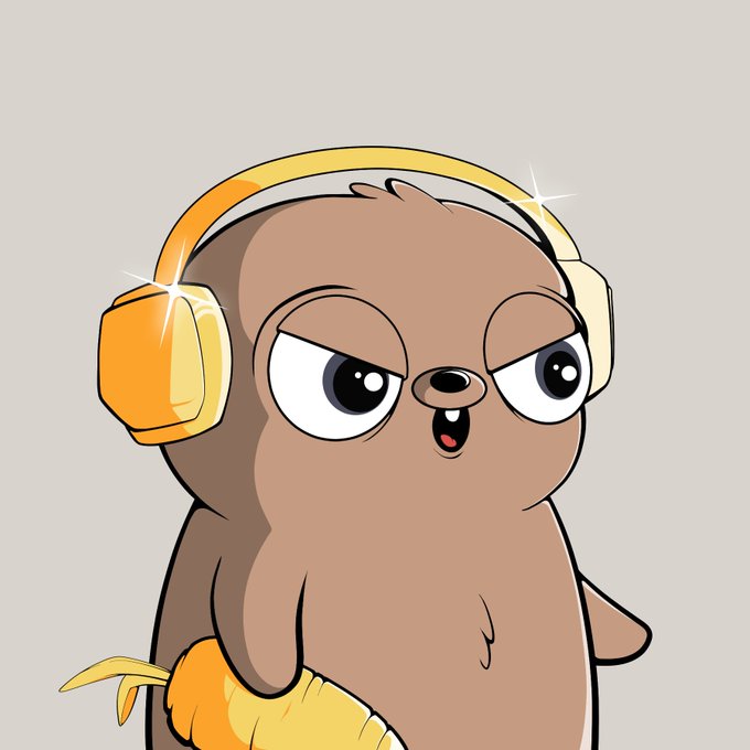 A cartoon illustration of a brown otter-like character wearing orange and white headphones, holding a peeled banana and looking grumpy or annoyed.