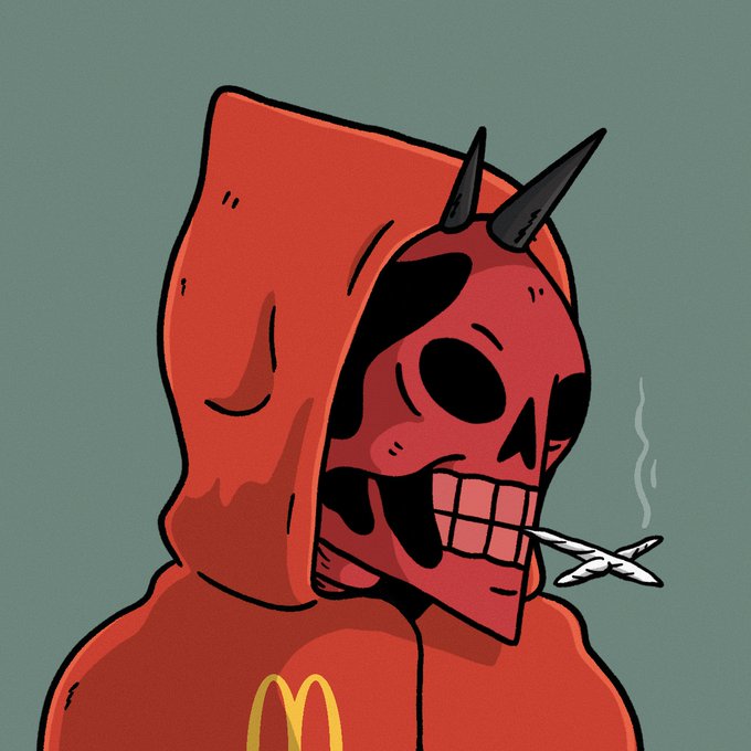 A cartoon illustration of a red hooded skeleton character with devil horns smoking a joint, featuring a McDonald's logo on the chest.