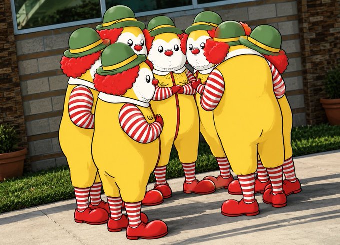 A whimsical illustration shows a tight huddle of humanoid figures with white clown-like faces, red noses, green bowler hats, yellow overalls, and red-and-white striped sleeves standing on a sidewalk.