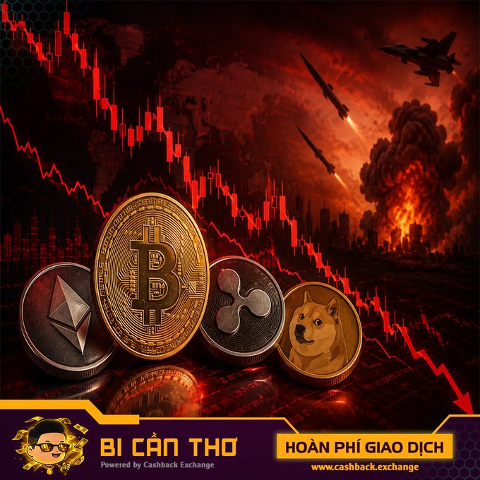 A dramatic cryptocurrency-themed image featuring Bitcoin, Ethereum, XRP, and Dogecoin coins in the foreground, with a red downward-trending chart and war/bombing imagery in the background, branded with 'BI CÂN THƠ' and 'HOÀN PHÍ GIAO DỊCH' from cashback.exchange.