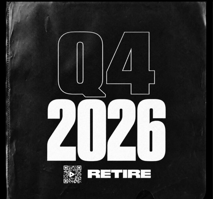 Black and white promotional graphic displaying 'Q4 2026 RETIRE' with a QR code, presented in a distressed vintage poster style.