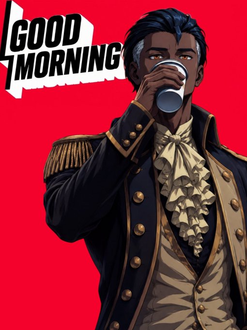 An anime-style illustration of a man with dark hair streaked with silver, wearing a black military-style coat with gold epaulettes and a ruffled cream cravat, drinking from a white cup against a bright red background with the text 'GOOD MORNING'.