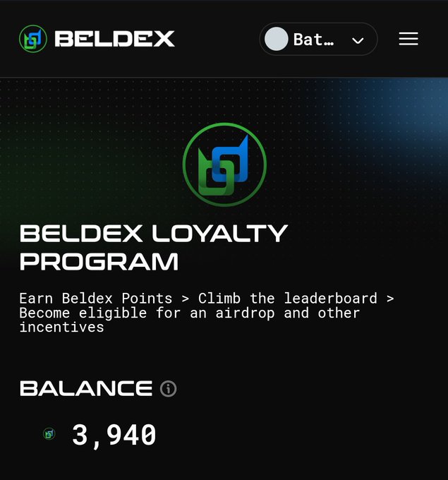 The Beldex Loyalty Program page displays a balance of 3,940 Beldex Points and explains that users can earn points to climb a leaderboard and qualify for an airdrop.