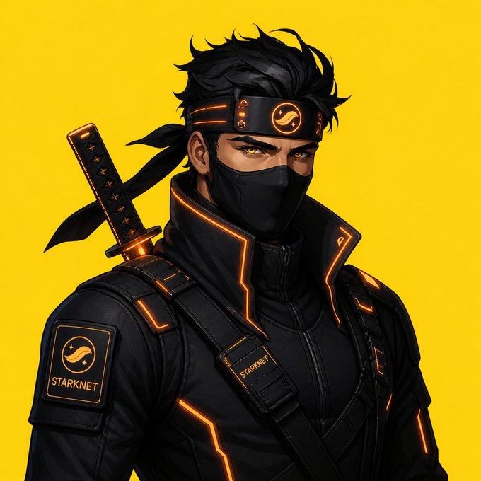 The image features a man dressed as a ninja, wearing a black outfit with an orange stripe down the center of his jacket. He has a black mask covering his eyes and mouth, giving him a mysterious appearance. The man also holds a sword in one hand and a shield in the other, further emphasizing his role as a warrior or ninja. The background is yellow, which contrasts with the dark colors of the outfit and adds to the overall visual impact of the image.

The post that accompanies this image reads: "welcome @Starknet strk20". This suggests that the image might be related to a discussion or exchange on the social media platform Starknet, where users can share their artwork, ideas, or experiences with others who have similar interests in gaming, fantasy, or other creative pursuits.