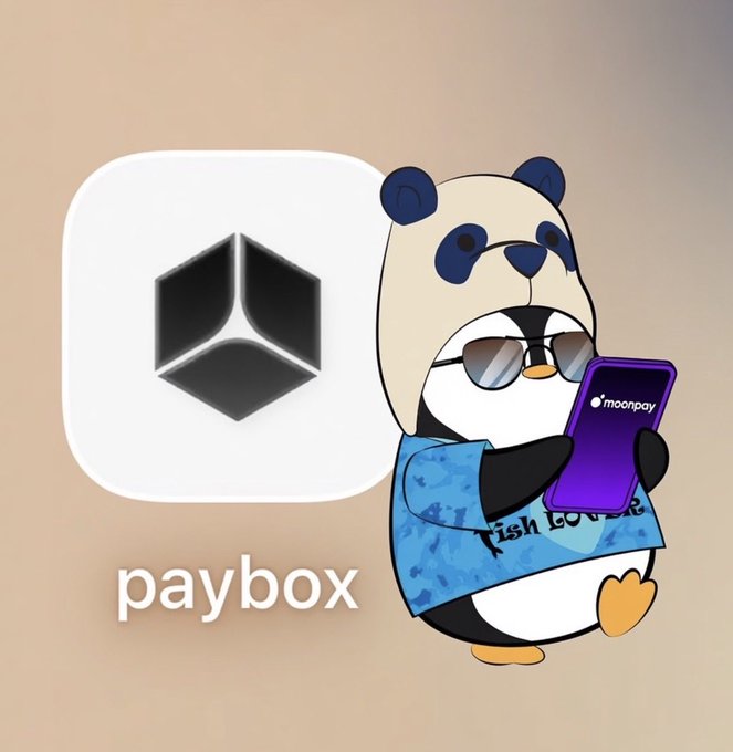 A cartoon panda wearing sunglasses and a 'rish love' shirt holds a 'moonpay' phone, next to a 'paybox' app icon.