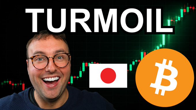 A YouTube thumbnail titled "TURMOIL" featuring a man with glasses smiling beside a Japanese flag and Bitcoin logo against a green and red candlestick chart.