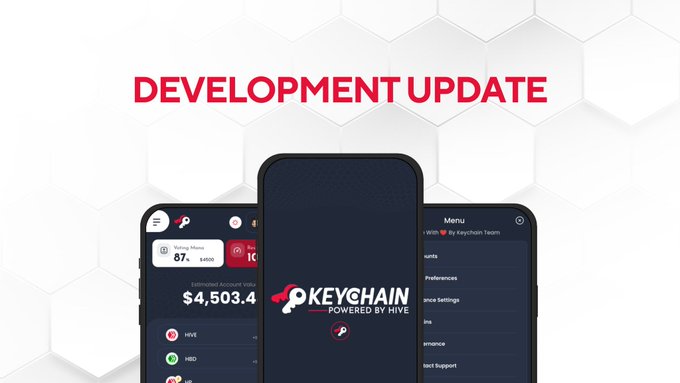 A promotional graphic titled 'DEVELOPMENT UPDATE' in pink text, displaying three smartphones showing the 'POKEYCHAIN POWERED BY HIVE' application interface against a hexagonal white background.