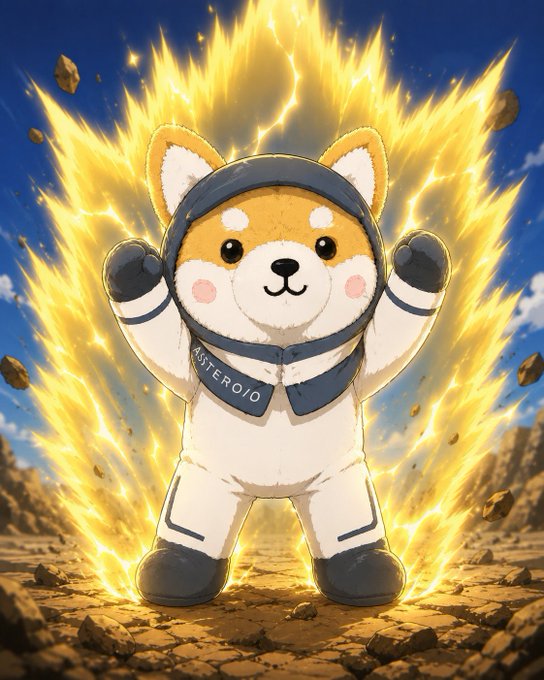 A cute Shiba Inu character in an "ASTEROID" spacesuit strikes a triumphant power pose while channeling an intense, glowing yellow aura reminiscent of a Super Saiyan transformation, surrounded by floating rocks and a clear blue sky. The image creatively conveys the meme's call to "Buy more $Asteroid and chill," suggesting an explosive surge of cosmic energy and unstoppable bullish momentum behind the token.