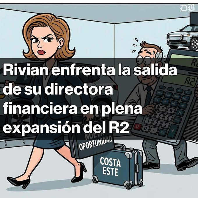 An illustrated Wall Street Journal graphic with Spanish text reading 'Rivian enfrenta la salida de su directora financiera en plena expansión del R2,' showing a woman leaving with a suitcase while a man holds a large calculator.