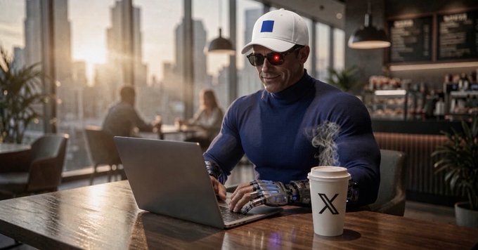 An AI-generated image of a humanoid cyborg with red glowing eyes wearing a white cap and dark blue sweater, typing on a laptop in a cafe with a steaming coffee cup branded with the X (Twitter) logo.