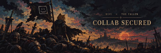 A dark fantasy promotional banner reads 'REVI x THE FALLEN + COLLAB SECURED,' depicting an armored figure with a banner overlooking a battlefield at sunset with a castle silhouette.