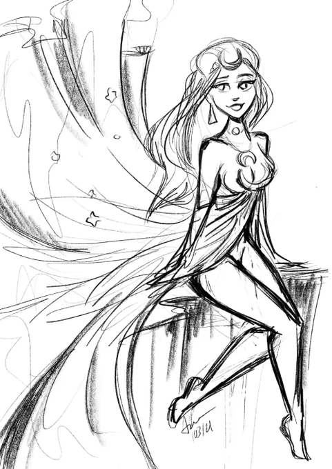 A pencil sketch of an elegant female character with long flowing hair, a crescent moon on her forehead, wearing a flowing dress and posing on what appears to be a pedestal.