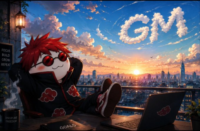 An anime-style illustration of a cute character with red spiky hair and sunglasses reclining with a laptop at sunset overlooking a city skyline, with 'GM' spelled out in clouds and text boxes reading 'FOCUS BUILD GROW REPEAT' and 'DISCIPLINE FREEDOM.'