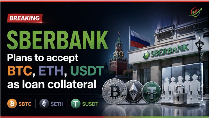 A breaking news graphic stating 'SBERBANK Plans to accept BTC, ETH, USDT as loan collateral,' featuring the Sberbank logo, Russian flag, cryptocurrency symbols, and a $1 coin.