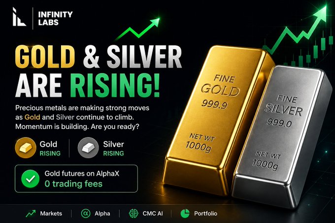 Infinity Labs promotional graphic 'GOLD & SILVER ARE RISING!' showing 1000g gold and silver bars with zero trading fees on AlphaX.