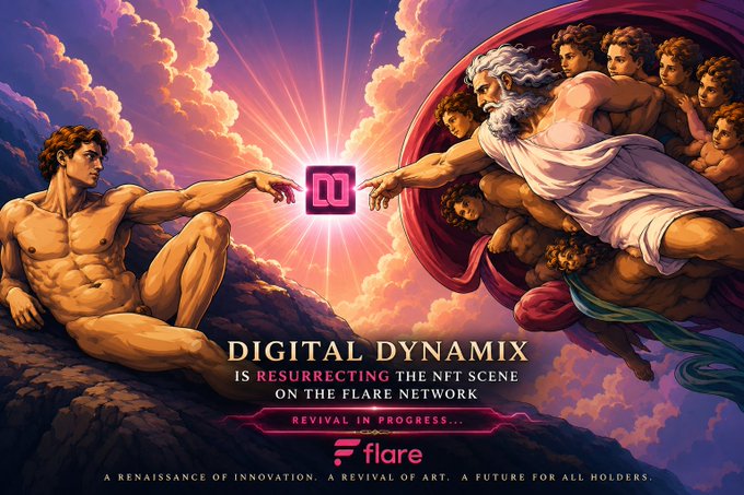 The image features a man sitting on a rock with his arms raised, holding up a red circle that has a pink square inside of it. The background shows a sky filled with clouds and stars. The caption for the image reads "Digital Dynamix is Resurrecting the NFTs on the #FlareNetwork!".
