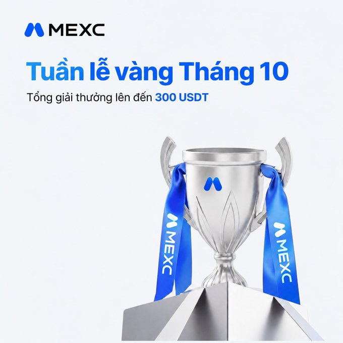 A promotional image for MEXC featuring a silver trophy with blue 'MEXC' ribbons, with Vietnamese text 'Tuần lễ vàng Tháng 10' and 'Tổng giải thưởng lên đến 300 USDT'.