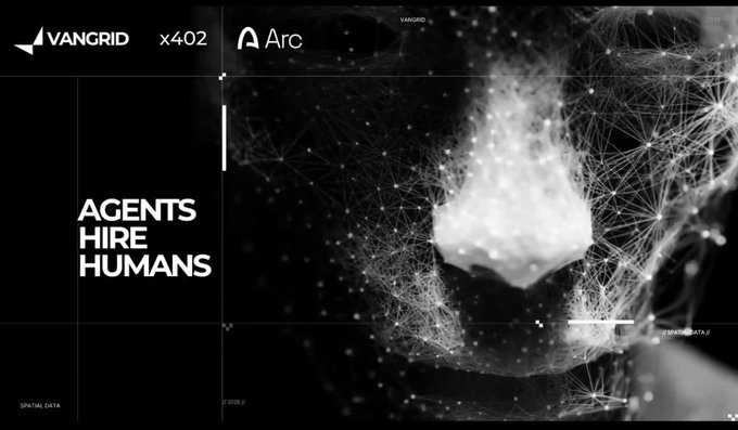 Black and white promotional graphic for VANGRID featuring 'AGENTS HIRE HUMANS' text alongside the Arc browser logo, with an abstract face overlaid with a network mesh pattern.