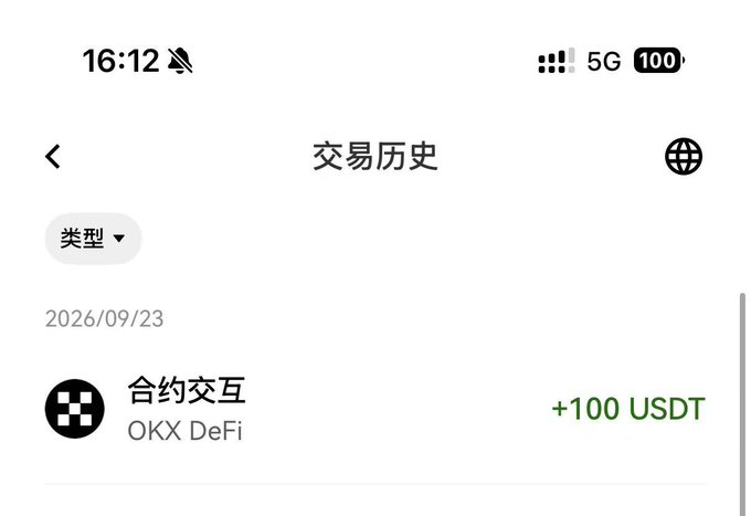A mobile screenshot of a transaction history in Chinese ('交易历史') showing a contract interaction via OKX DeFi that returned +100 USDT on 2026/09/23.