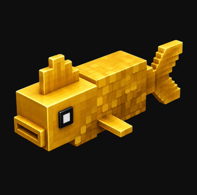 A 3D-rendered golden pixelated/voxel-style fish character, resembling a Minecraft goldfish, displayed against a black background.