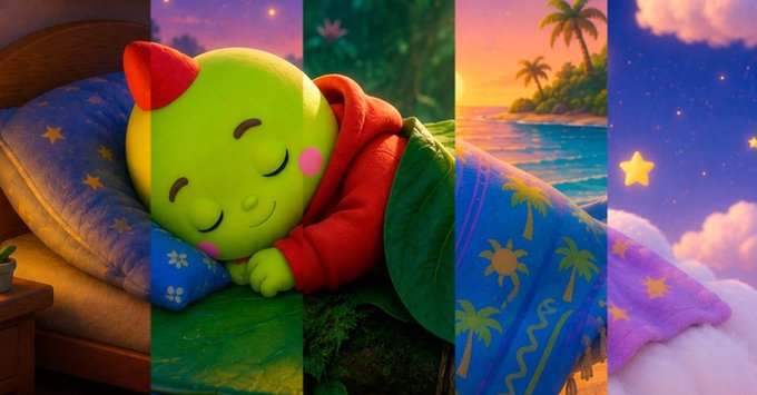 A colorful, segmented illustration showing a sleeping green cartoon character with red horns sleeping peacefully across different dreamy scenes including a starry night, tropical island, and forest.
