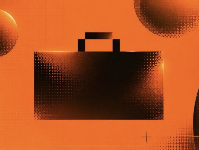 A graphic design featuring a dark silhouette of a briefcase centered on an orange background with halftone dot textures and circular shapes in the corners.